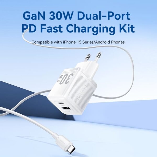 Vention 30W + 30W GaN Fast Charger EU Plug– USB-C and USB-A Ports with 1M USB-C Cable-White - Image 2