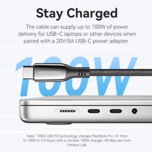 Vention 2M USB-C to USB-C Cable, 5A Fast Charging, Cotton-Braided with Zinc Alloy Connectors – USB 2.0 Black