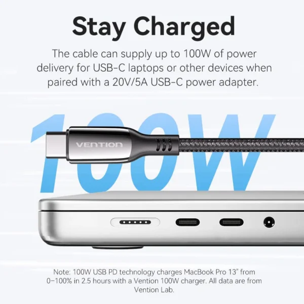 Vention 2M USB-C to USB-C Cable, 5A Fast Charging, Cotton-Braided with Zinc Alloy Connectors – USB 2.0 Black - Image 3