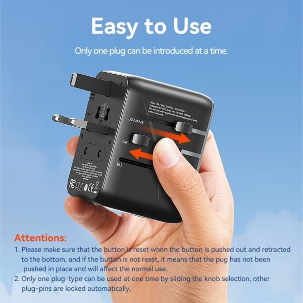 Vention Universal Travel Adapter – 3-Port USB (1x USB-C + 2x USB-A) with 20W/18W/18W Output, Black - Image 3