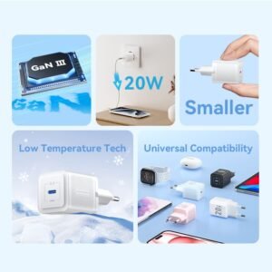 Vention 20W 1-Port USB-C GaN Charger EU-Plug-White