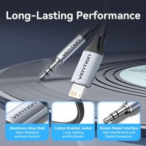 Vention 1.5M Lightning to 3.5mm Aux Cable – Cotton Braided with Aluminum Alloy Connectors-Gray