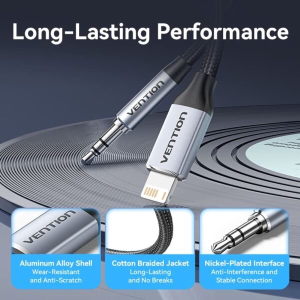 Vention 1.5M Lightning to 3.5mm Aux Cable – Cotton Braided with Aluminum Alloy Connectors-Gray - Image 3