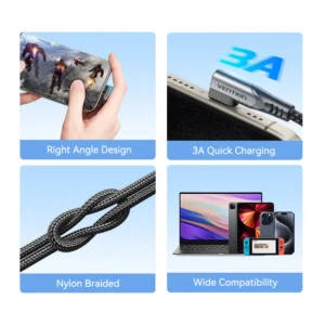 Vention 2M USB 2.0 Type-C to Type-C Right-Angle 3A Charging Cable with Aluminum Alloy Housing-Black