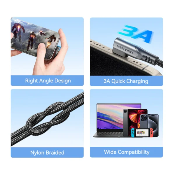 Vention 2M USB 2.0 Type-C to Type-C Right-Angle 3A Charging Cable with Aluminum Alloy Housing-Black - Image 3