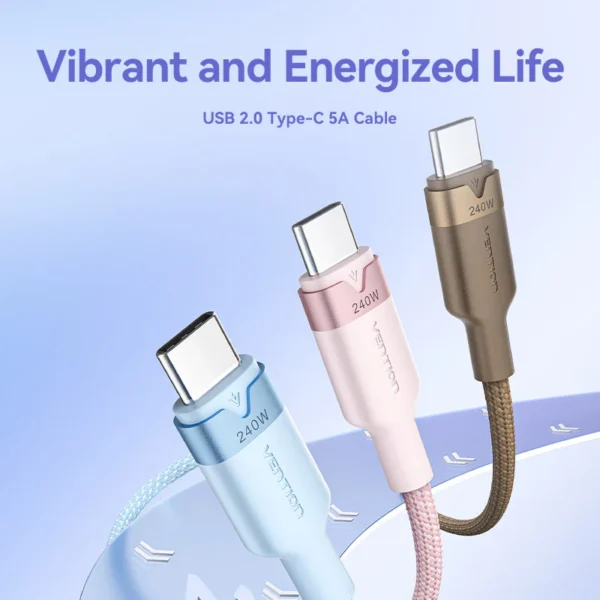 Vention 2M 5A USB 2.0 Type-C to Type-C Cable with Aluminum Alloy Connectors – High-Speed Charging-Black - Image 2