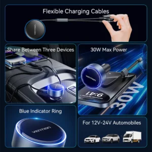 Vention Car Power Adapter with Integrated Charging Cable-Black