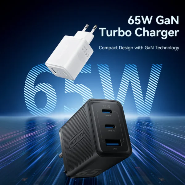 Vention 65W GaN Charger with 3 Ports (2x USB-C, 1x USB-A), EU Plug-Black - Image 2