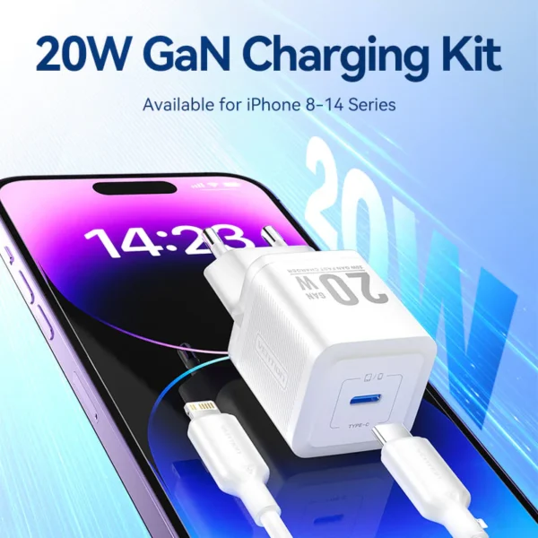 Vention 20W USB-C GaN Wall Charger EU-Plug with 1M USB-C to Lightning Cable – White, Single Port - Image 2