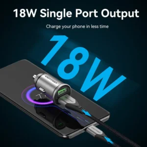Vention Compact Dual USB-A Car Charger – Fast 18W Dual Charging in a Sleek Gray Aluminum Body