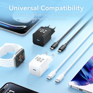 Vention 20W USB-C GaN Charger with 1M USB-C to USB-C Cable – EU Plug, Single Port Black