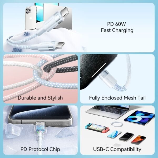 Vention 1M 3A USB 2.0 Type-C to Type-C Charging Cable with Durable Aluminum Alloy Housings-White - Image 3