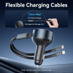 Vention Car Power Adapter with Integrated Charging Cable-Black