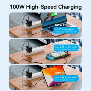 Vention 1.5M 4-in-1 Cotton Braided USB 2.0 Cable – Type-A & USB-C to USB-C + Micro-B, 5A Fast Charging, Blue Aluminum Alloy