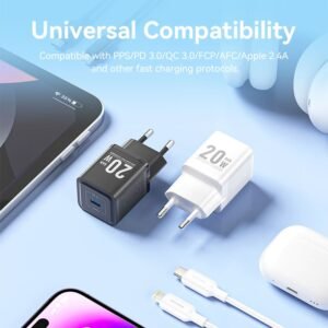 Vention 20W USB-C GaN Wall Charger EU-Plug with 1M USB-C to Lightning Cable – White, Single Port