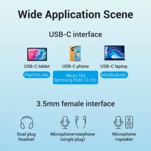 Vention 0.3M USB-C to Dual 3.5mm Audio & Microphone Splitter Adapter – Male to 2 Female Jacks-Gray