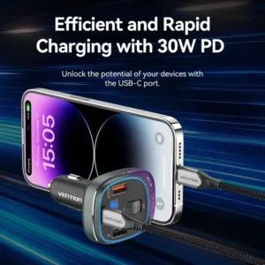 Vention 3-Port Car Charger with FM Transmitter – USB-C & Dual USB-A (30W/18W/5W), Black