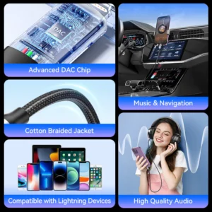 Vention 1.5M Lightning to 3.5mm Aux Cable – Cotton Braided with Aluminum Alloy Connectors-Gray
