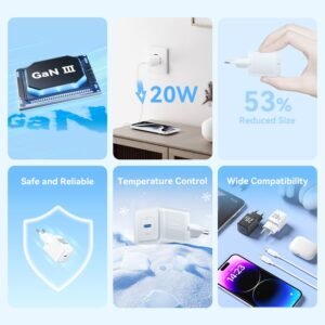 Vention 20W USB-C GaN Charger with 1M USB-C to USB-C Cable – EU Plug, Single Port Black
