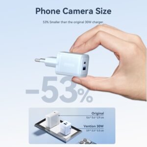Vention 30W GaN Fast Charger–2-Port USB-C + USB-A, EU Plug, White