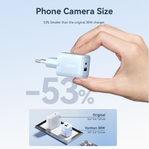 Vention 30W GaN Fast Charger–2-Port USB-C + USB-A, EU Plug, White - Image 5
