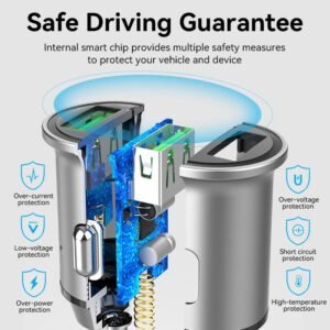 Vention Compact Dual USB-A Car Charger – Fast 18W Dual Charging in a Sleek Gray Aluminum Body