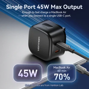 Vention (45W/45W) GaN Charger with Dual USB-C Ports – UK Plug, Black