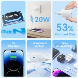 Vention 20W USB-C GaN Wall Charger EU-Plug with 1M USB-C to Lightning Cable – White, Single Port