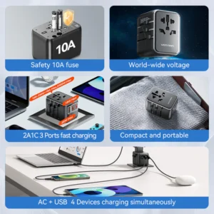 Vention Universal Travel Adapter – 3-Port USB (1x USB-C + 2x USB-A) with 20W/18W/18W Output, Black