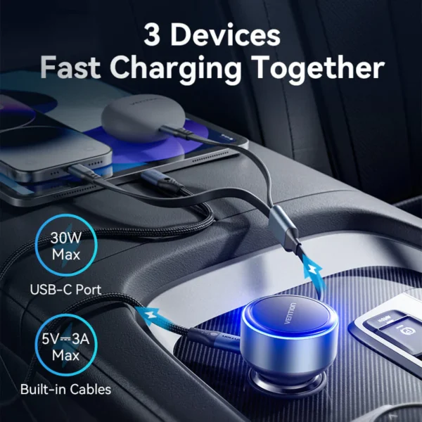 Vention Car Power Adapter with Integrated Charging Cable-Black - Image 5