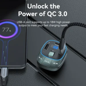 Vention 3-Port Car Charger with FM Transmitter – USB-C & Dual USB-A (30W/18W/5W), Black