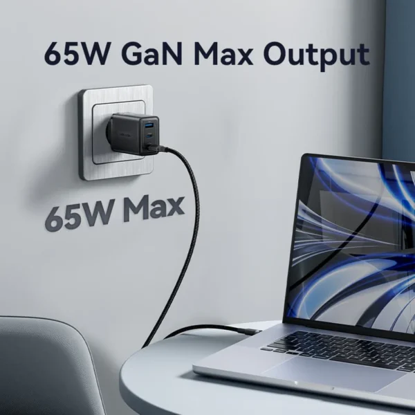 Vention 65W GaN Charger with 3 Ports (2x USB-C, 1x USB-A), EU Plug-Black - Image 4