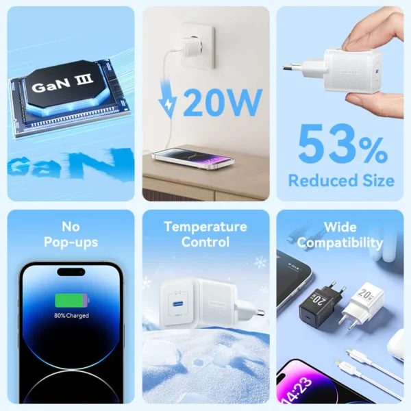 Vention 20W USB-C GaN Wall Charger EU-Plug with 1M USB-C to Lightning Cable – White, Single Port - Image 4