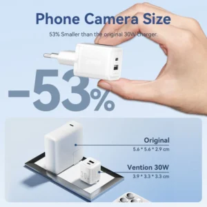 Vention 30W + 30W GaN Fast Charger EU Plug– USB-C and USB-A Ports with 1M USB-C Cable-White