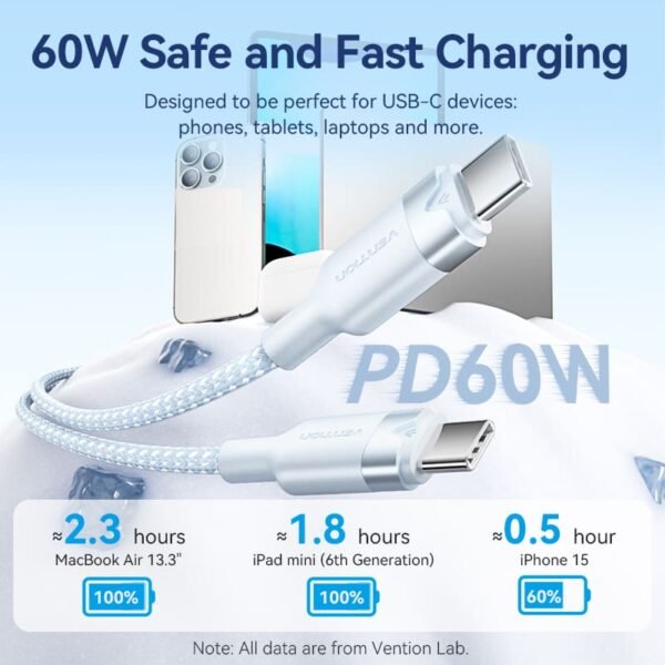 Vention 1M 3A USB 2.0 Type-C to Type-C Charging Cable with Durable Aluminum Alloy Housings-White - Image 5