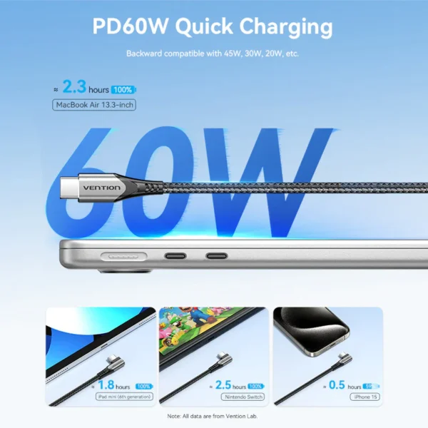 Vention 2M USB 2.0 Type-C to Type-C Right-Angle 3A Charging Cable with Aluminum Alloy Housing-Black - Image 7