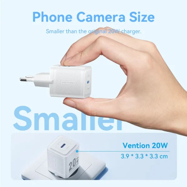 Vention 20W USB-C GaN Charger with 1M USB-C to USB-C Cable – EU Plug, Single Port White - Image 6