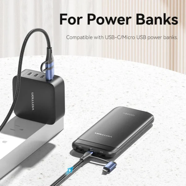 Vention 1.5M 4-in-1 Cotton Braided USB 2.0 Cable – Type-A & USB-C to USB-C + Micro-B, 5A Fast Charging, Blue Aluminum Alloy - Image 7