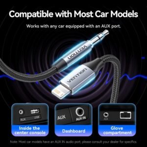 Vention 1.5M Lightning to 3.5mm Aux Cable – Cotton Braided with Aluminum Alloy Connectors-Gray