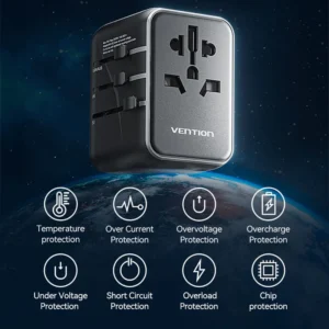 Vention Universal Travel Adapter – 3-Port USB (1x USB-C + 2x USB-A) with 20W/18W/18W Output, Black