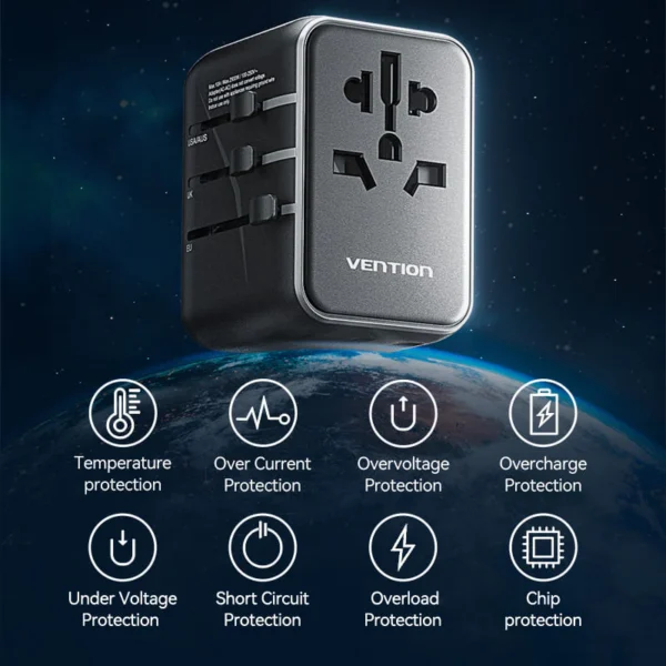Vention Universal Travel Adapter – 3-Port USB (1x USB-C + 2x USB-A) with 20W/18W/18W Output, Black - Image 7