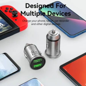 Vention Compact Dual USB-A Car Charger – Fast 18W Dual Charging in a Sleek Gray Aluminum Body