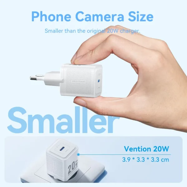 Vention 20W USB-C GaN Wall Charger EU-Plug with 1M USB-C to Lightning Cable – White, Single Port - Image 6