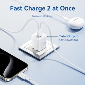 Vention 30W + 30W GaN Fast Charger EU Plug– USB-C and USB-A Ports with 1M USB-C Cable-White