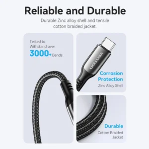 Vention 2M USB-C to USB-C Cable, 5A Fast Charging, Cotton-Braided with Zinc Alloy Connectors – USB 2.0 Black