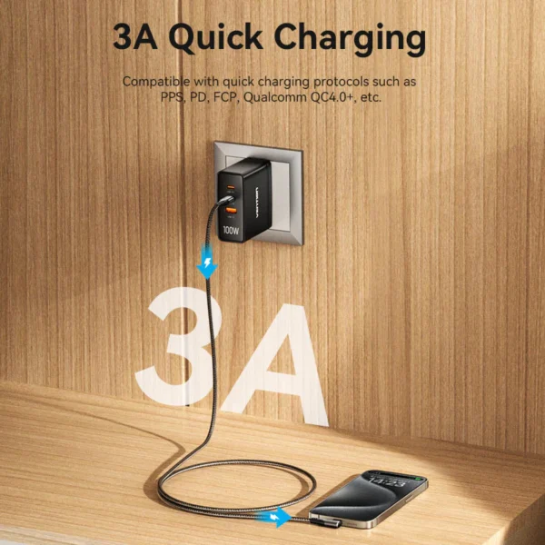 Vention 2M USB 2.0 Type-C to Type-C Right-Angle 3A Charging Cable with Aluminum Alloy Housing-Black - Image 8