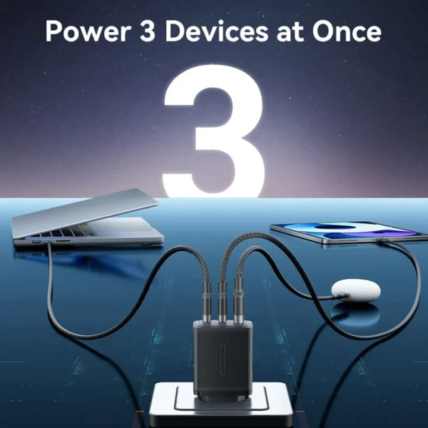 Vention 65W GaN Charger with 3 Ports (2x USB-C, 1x USB-A), EU Plug-Black - Image 7