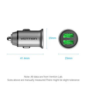 Vention Compact Dual USB-A Car Charger – Fast 18W Dual Charging in a Sleek Gray Aluminum Body