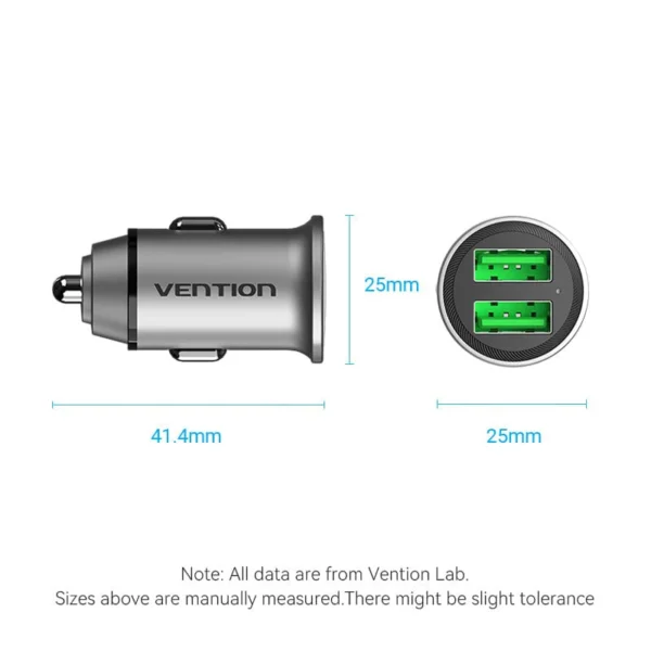 Vention Compact Dual USB-A Car Charger – Fast 18W Dual Charging in a Sleek Gray Aluminum Body - Image 8