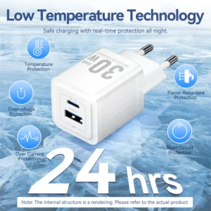 Vention 30W + 30W GaN Fast Charger EU Plug– USB-C and USB-A Ports with 1M USB-C Cable-White
